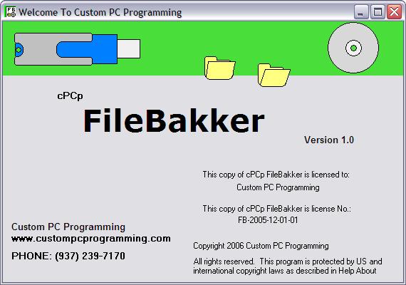 Screen shot of welcome form for cPCp FileBakker