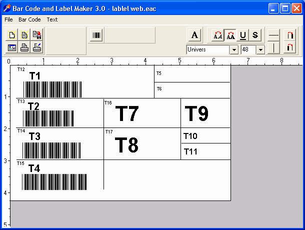 Label design screen for barcode software